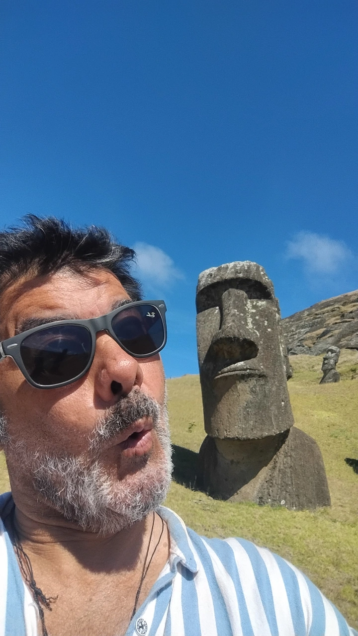 Human and original stone moai